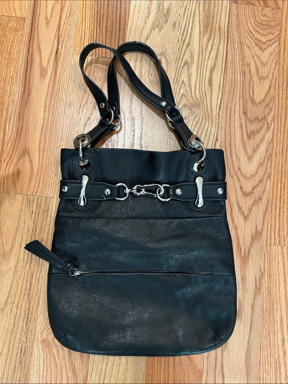 b. makowsky Black Leather Shoulder Bag with Silver Hardware